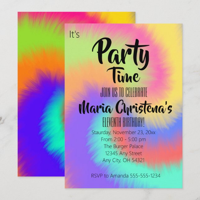 Convite de Aniversário Groovy Tie‑Dye (Frente/Verso)