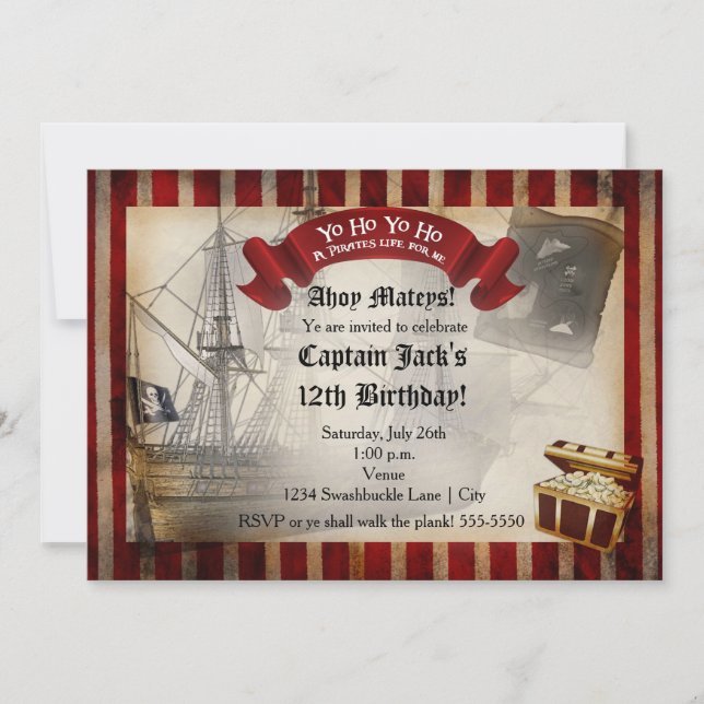 Convite de Aniversário Grunge de Barco Pirata (Frente)