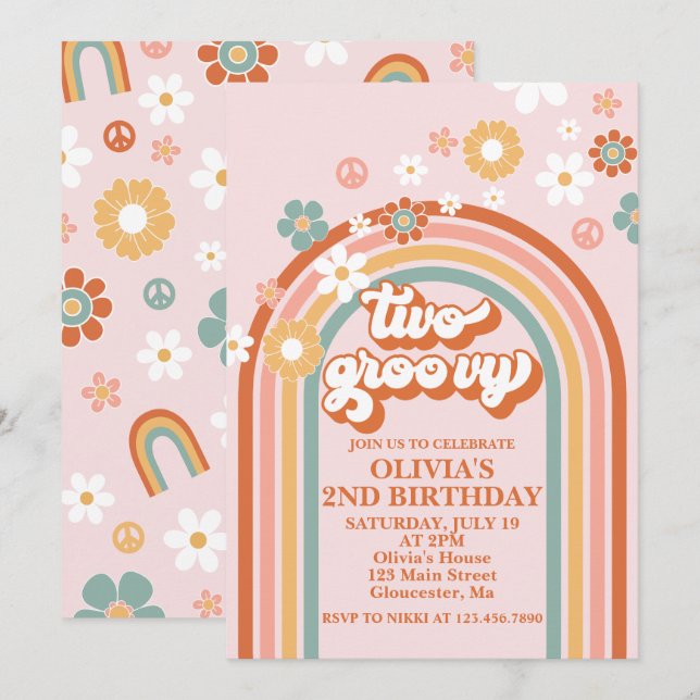 Convite de Aniversário Hippie Rainbow Two Groovy 2 (Frente/Verso)