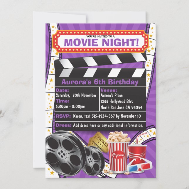 Convite de Aniversário Hollywood Clapper Noite de  (Frente)