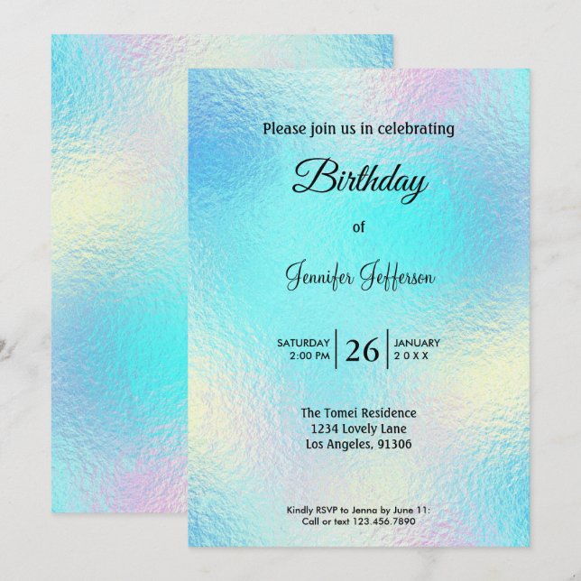 Convite de aniversário holográfico moderno (Frente/Verso)