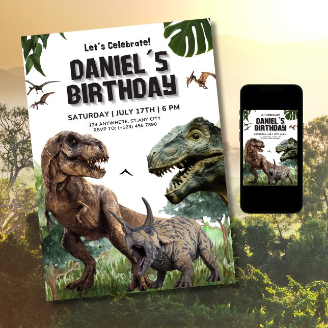 Convite de aniversário imprimível de dinossauro Fe (Criador carregado)