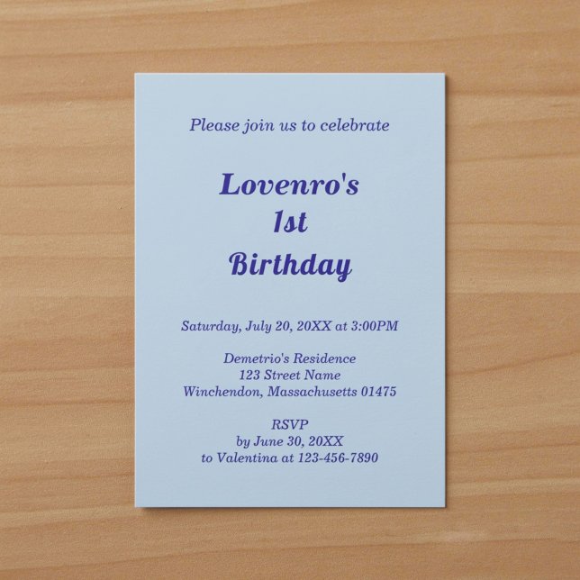 Convite de Aniversário Infantil Azul Claro Minimal (Typography style minimalist light blue kids birthday invitation)