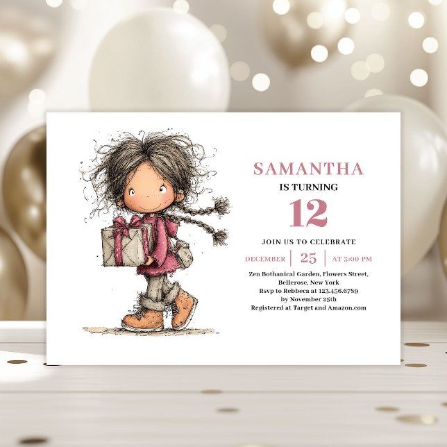 Convite de Aniversário Infantil Caprichoso Rosa Em (Whimsical Kids Birthday Invite Dusty Pink Digital Card)