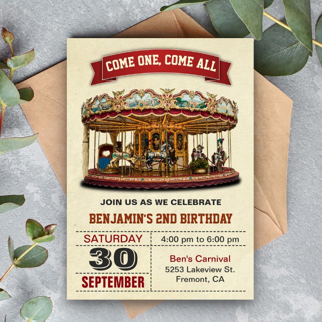 Convite de Aniversário Infantil Carrossel Vintage (Criador carregado)