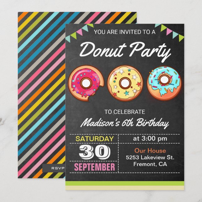 Convite de Aniversário Infantil Colorido de Donuts (Frente/Verso)