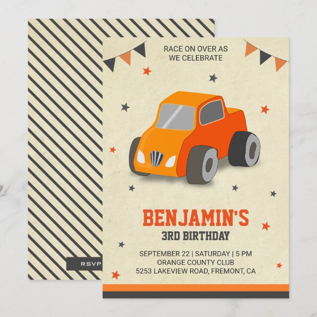 Convite de Aniversário Infantil com Carro de Brinq (Frente/Verso)