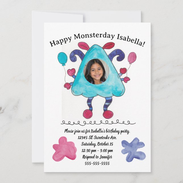 Convite de aniversário infantil com foto do Monstr (Frente)