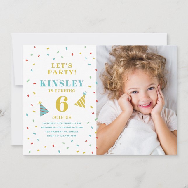 Convite de aniversário infantil com foto e confeit (Frente)