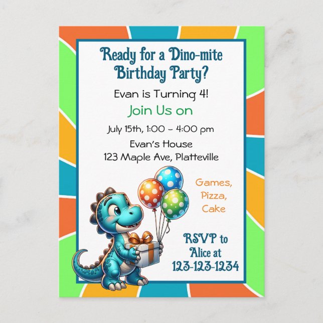 Convite de Aniversário Infantil com tema de Dinoss (Frente)