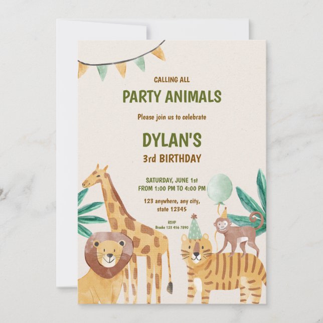 Convite de Aniversário Infantil de Animais da Flor (Frente)