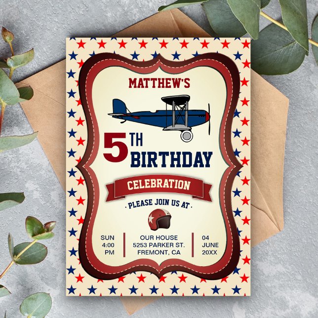 Convite de Aniversário Infantil de Avião Retrô Vin (Criador carregado)