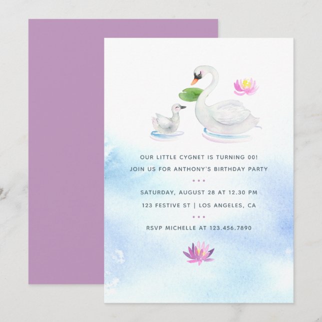 Convite de aniversário infantil de cisne aquarela (Frente/Verso)