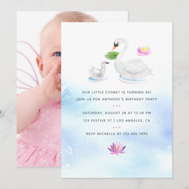 Convite de aniversário infantil de cisne aquarela (Frente/Verso)