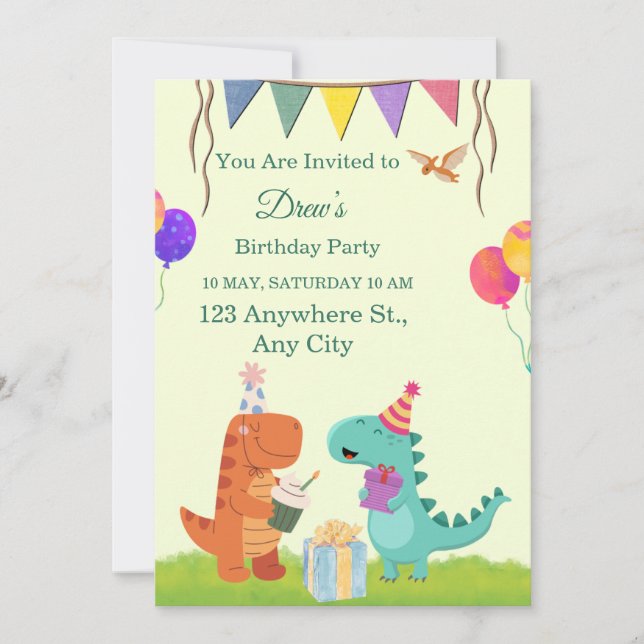 Convite de Aniversário Infantil Dinossauro Fofo (Frente)