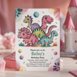 Convite de Aniversário Infantil Dinossauro Rosa Fo