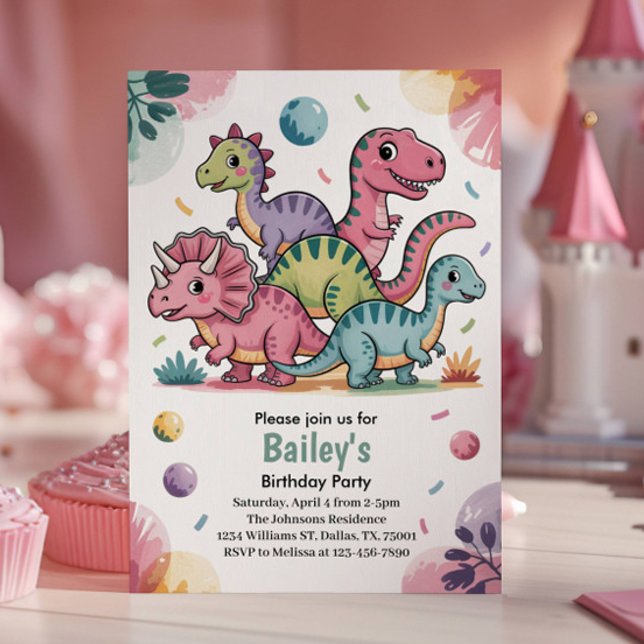 Convite de Aniversário Infantil Dinossauro Rosa Fo (Criador carregado)