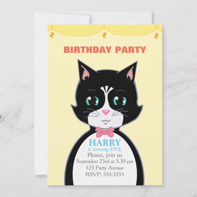Convite de Aniversário Infantil Gato de Tuxedo Fof (Frente)
