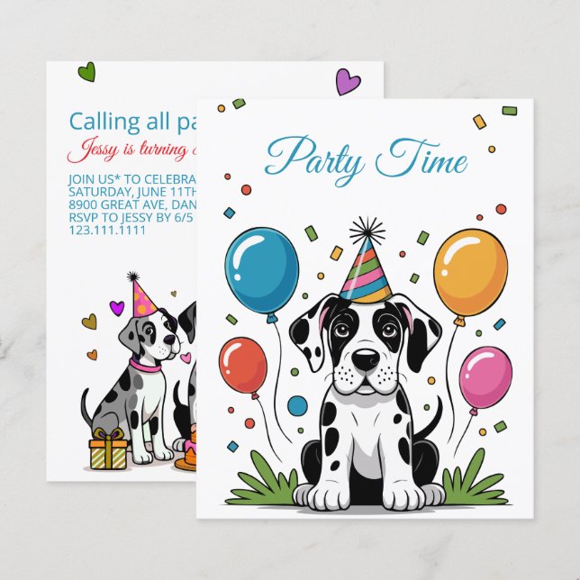 Convite de Aniversário Infantil Great Dane Cachorr (Frente/Verso)