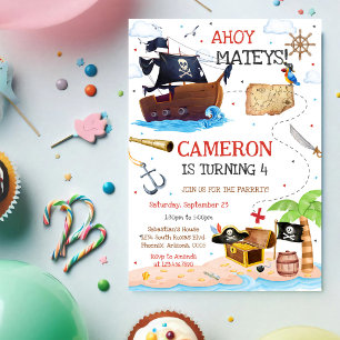 Convite de Aniversário Infantil Menino Pirata Ahoy