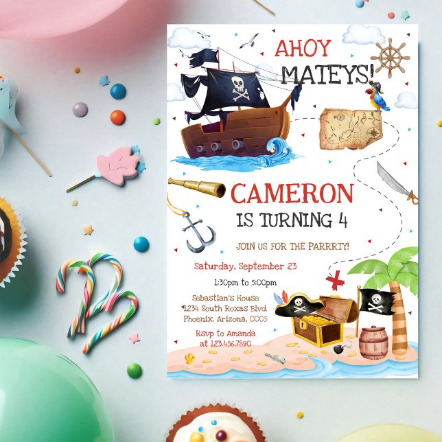 Convite de Aniversário Infantil Menino Pirata Ahoy (Criador carregado)