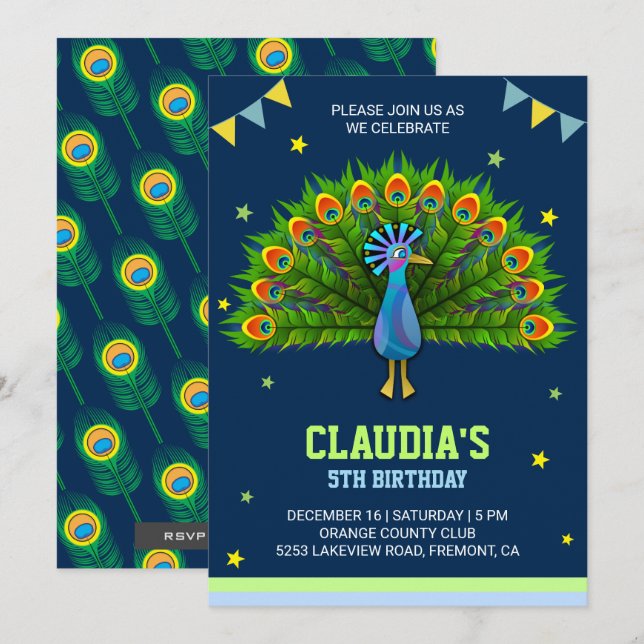 Convite de Aniversário Infantil Pavão Elegante (Frente/Verso)