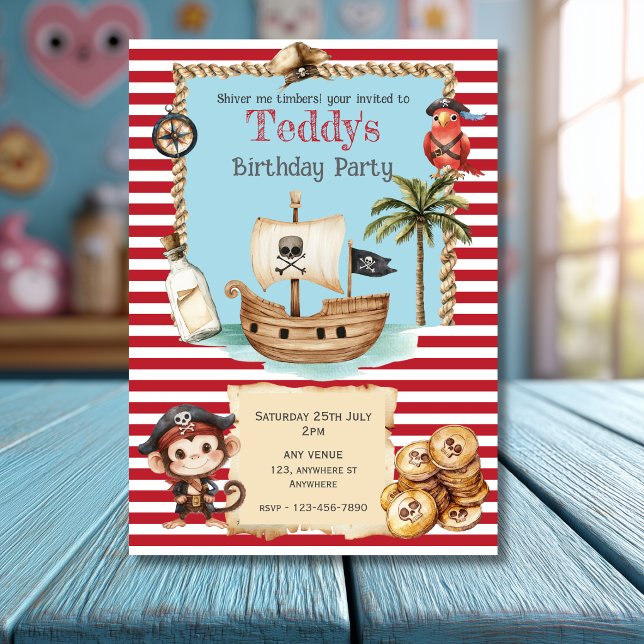 Convite de Aniversário Infantil Pirata Vermelho Fo (Criador carregado)