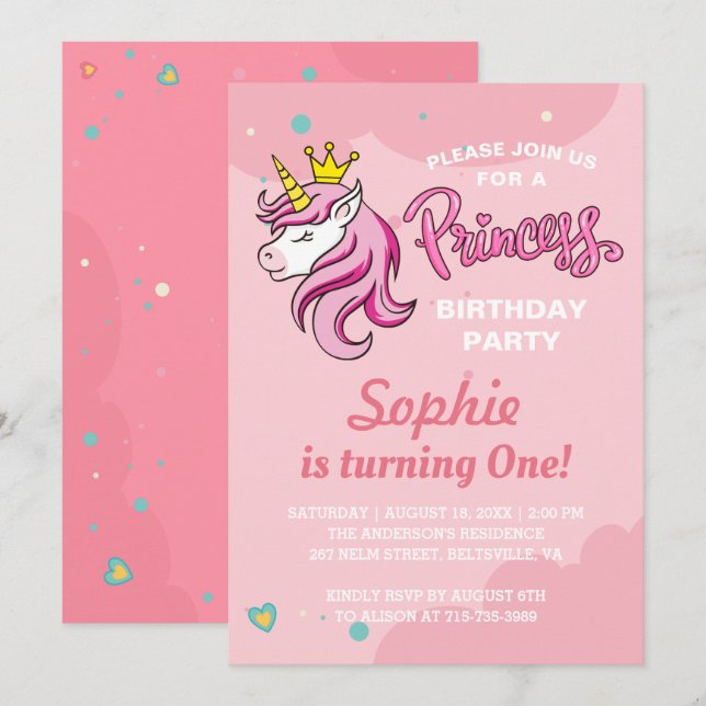 Convite de Aniversário Infantil Princesa Unicórnio (Frente/Verso)