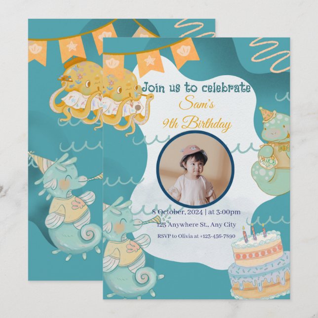 Convite de Aniversário Infantil Sob o Mar (Frente/Verso)