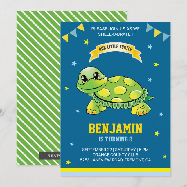 Convite de Aniversário Infantil Tartaruga Verde Fo (Frente/Verso)