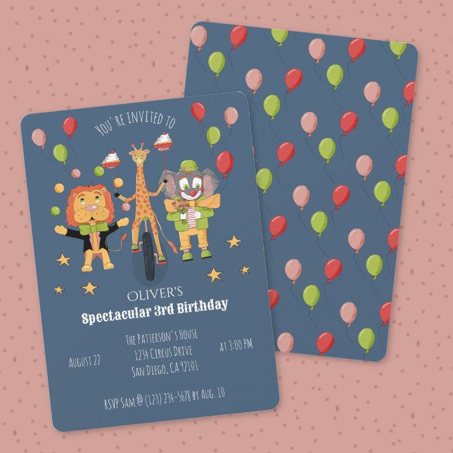 Convite de Aniversário Infantil Tema Circo Azul Es (Circus theme child's birthday dark blue invitation .)