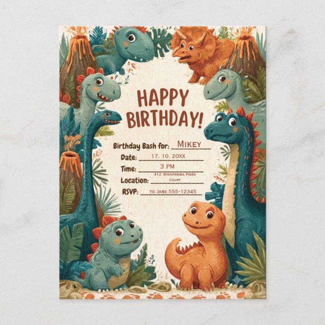 Convite de Aniversário Infantil Tema Dinossauro Fo (Frente)
