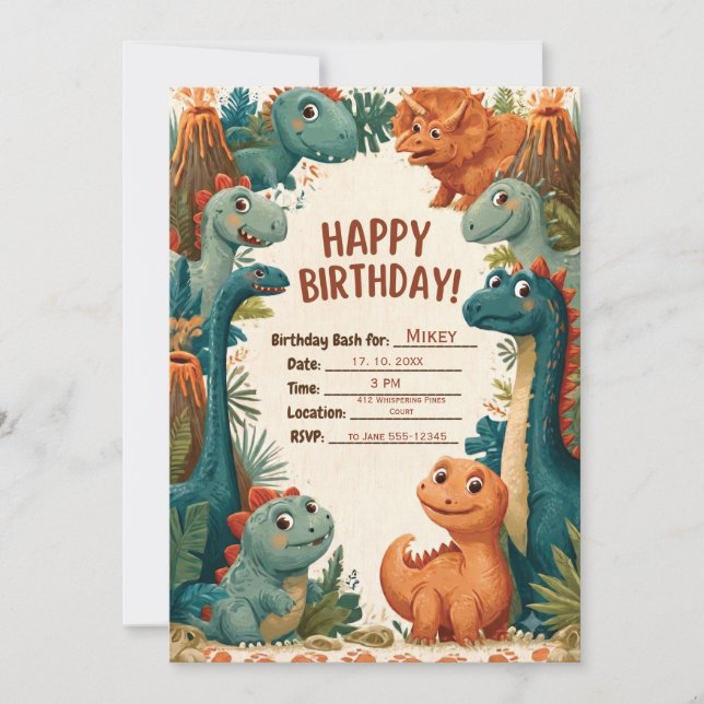 Convite de Aniversário Infantil Tema Dinossauro Fo (Frente)