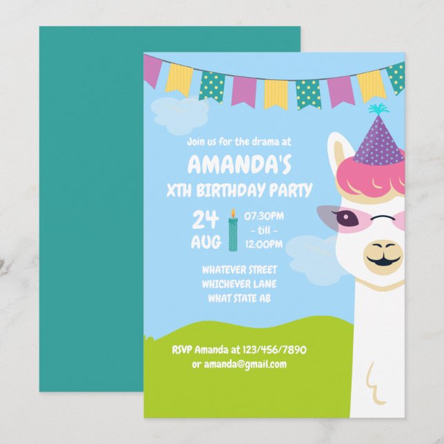 Convite de aniversário infantil tema Lhama Fofa (Frente/Verso)