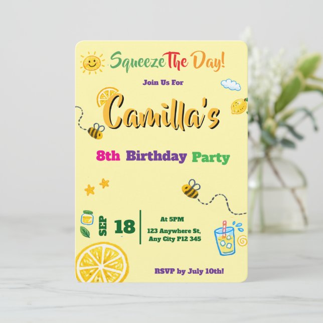 Convite de Aniversário Infantil Tema Limão (Em pé/Frente)