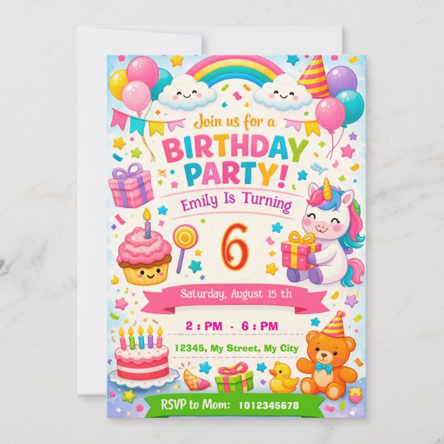 Convite de Aniversário Infantil | Unicórnio, Balõe (Frente)