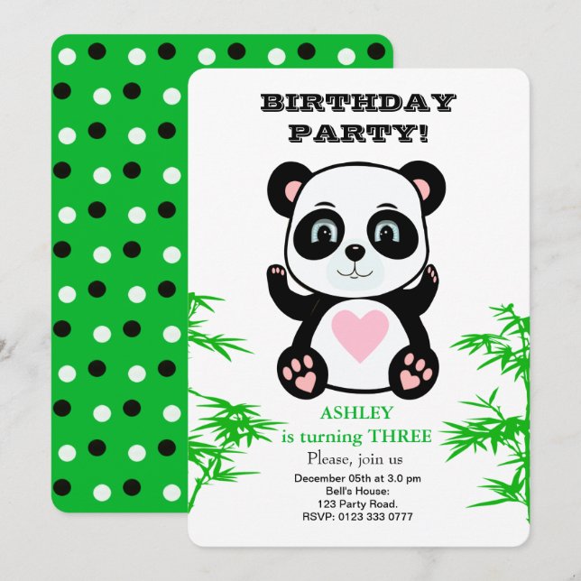 Convite de Aniversário Infantil Urso Panda & Bambu (Frente/Verso)