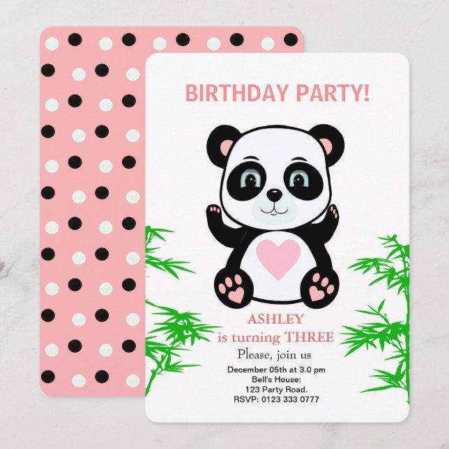 Convite de Aniversário Infantil Urso Panda Moderno (Frente/Verso)