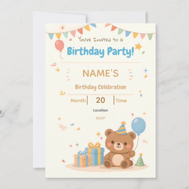 Convite de Aniversário Infantil Urso Teddy Pastel  (Frente)