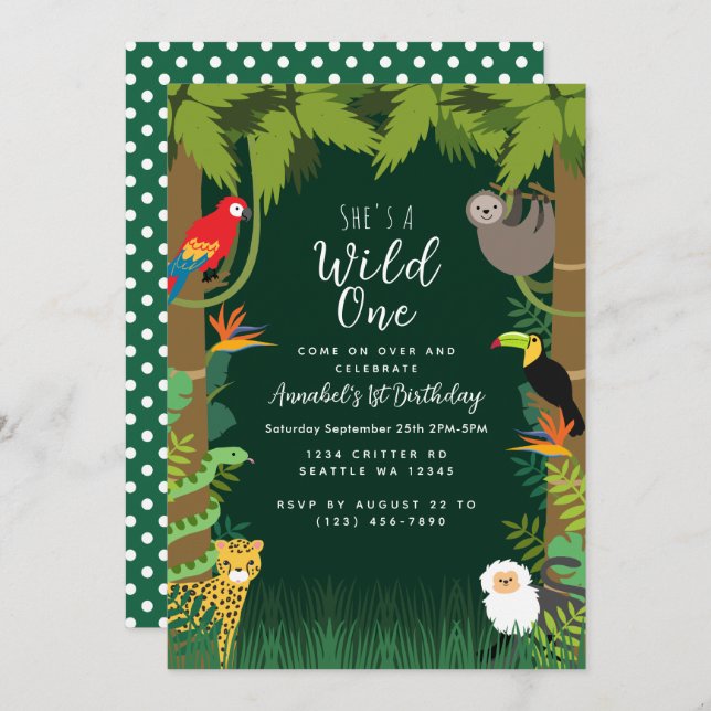 Convite de Aniversário Infantil Wild One Jungle (Frente/Verso)