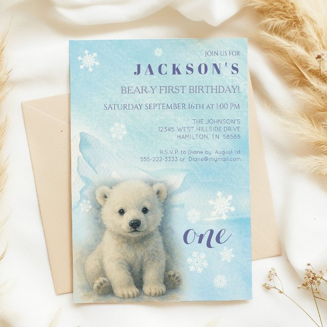 Convite de aniversário Inverno (Beary First Birthday Polar Bear First Birthday Invitation)