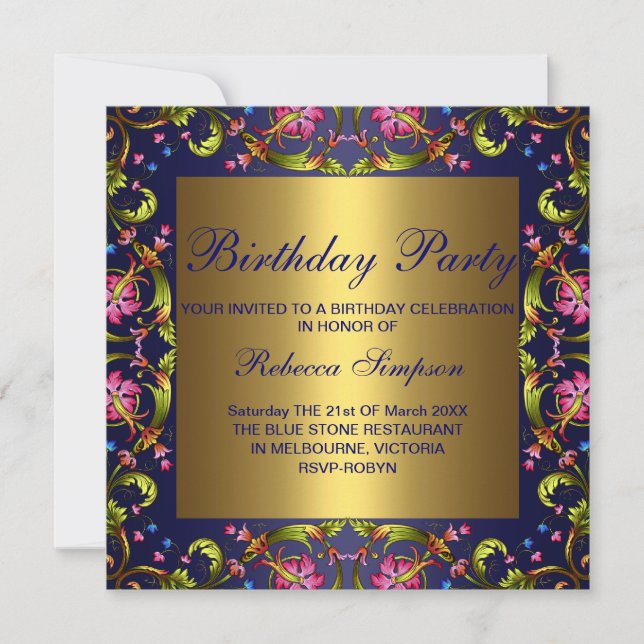 Convite de Aniversário Jardim de Flores Azul e Dou (Frente)