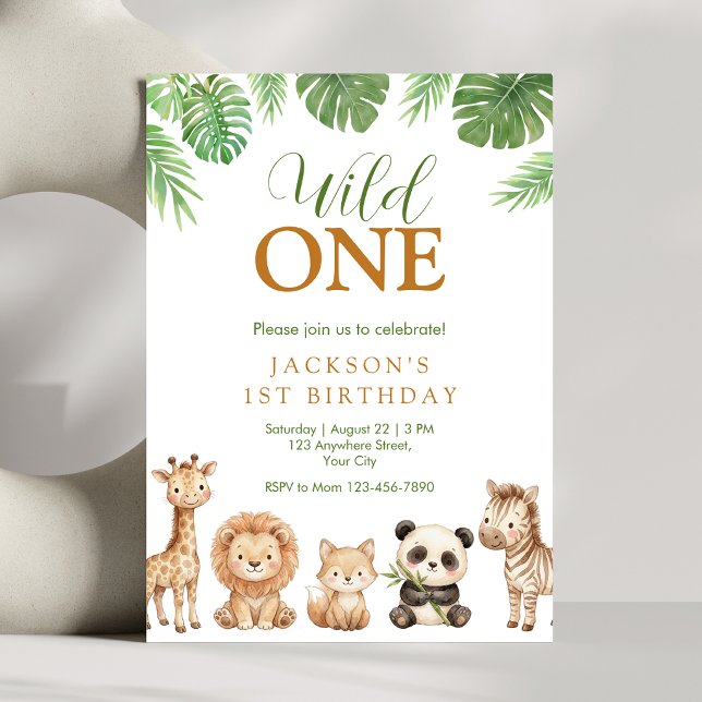 Convite de Aniversário Jungle Wild One (Wild One birthday invitation with safari animals and tropical greenery for a first birthday)