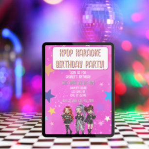 Convite de Aniversário Karaokê KPOP, estrelas rosa