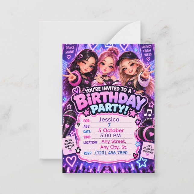 Convite de Aniversário Kawaii K-Pop | Qualquer Ida (Frente)