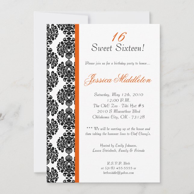convite de aniversário Laranja Damask Lace 5x7 (Frente)