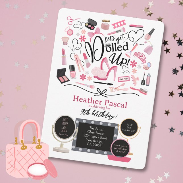 Convite de Aniversário Let's Get Dolled Up (Let's Get Dolled Up Birthday Invitation. A perfect invite for a glam, makeup or spa party.)