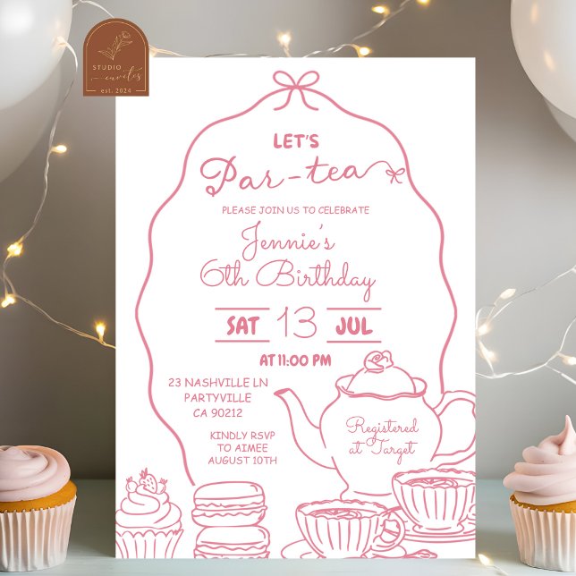 Convite de Aniversário Let's Par-Tea com Laço Rosa (Criador carregado)