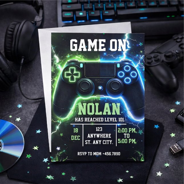 Convite de Aniversário Level Up Gamer – Jogo Neon (Criador carregado)