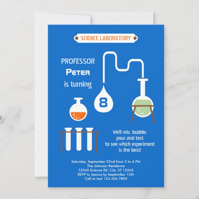 Convite de aniversário louco do cientista (Frente)